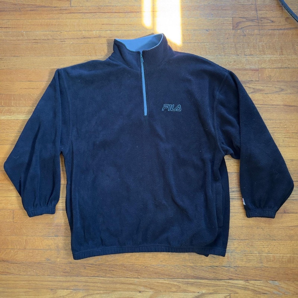 Y2K Vintage FILA Mens XL Fleece Pullover Quarter Zip Sweatshirt Black‎ Gray